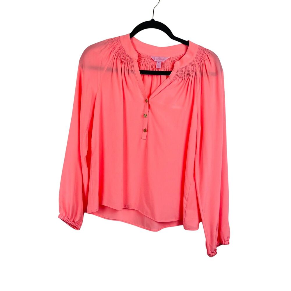 Lilly Pulitzer Blouse Womens XS Silk Long Sleeve Smocked Pullover Top